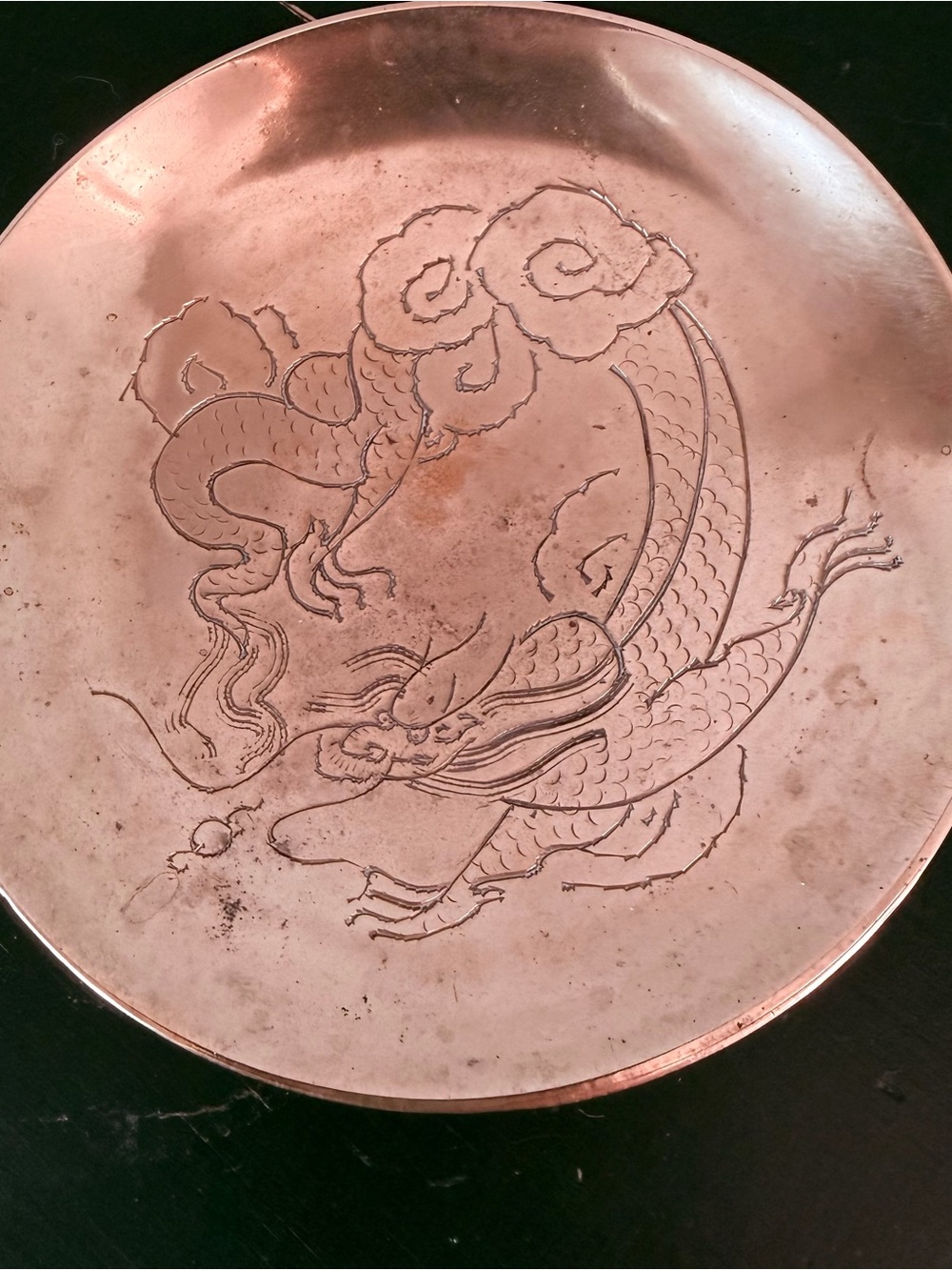 Vintage Japanese Engraved Dragon Solid Brass Pedestal Dish